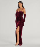 Step into Prom 2025 in a wine prom dress, where unique Windsor accents and the standout Inez Beaded Applique Velvet Formal Dress With Gloves style come together.