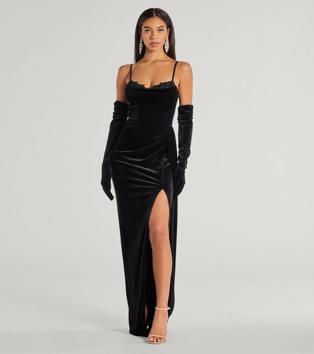 Inez Beaded Applique Velvet Formal Column Dress With Gloves | Windsor