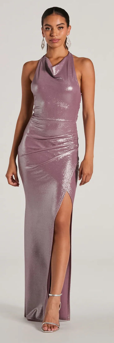 The Kayla Halter Open Back Slit Mermaid Formal Dress in luxe lavender fabric, a stunning prom dress with statement details designed to make a bold impression at Prom 2025.