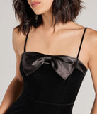 Make a bold statement in the Gracie Velvet and Bow High Slit Mermaid Dress in black, the perfect spring dress for weddings, cocktail hours, nights out, and/or seasonal celebrations.