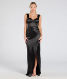 Celebrate in style with the Lorelli Formal Satin Wrap Long Dress, a black formal wedding guest dress featuring an elegant silhouette and luxe details, perfect for a black-tie celebration.