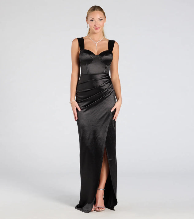 Celebrate in style with the Lorelli Formal Satin Wrap Long Dress, a black formal wedding guest dress featuring an elegant silhouette and luxe details, perfect for a black-tie celebration.
