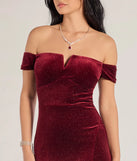 Step into Prom 2025 in a burgundy prom dress, where unique Windsor accents and the standout Alayna Velvet Off-The-Shoulder Mermaid Dress style come together.