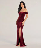 Step into Prom 2025 in a burgundy prom dress, where unique Windsor accents and the standout Alayna Velvet Off-The-Shoulder Mermaid Dress style come together.