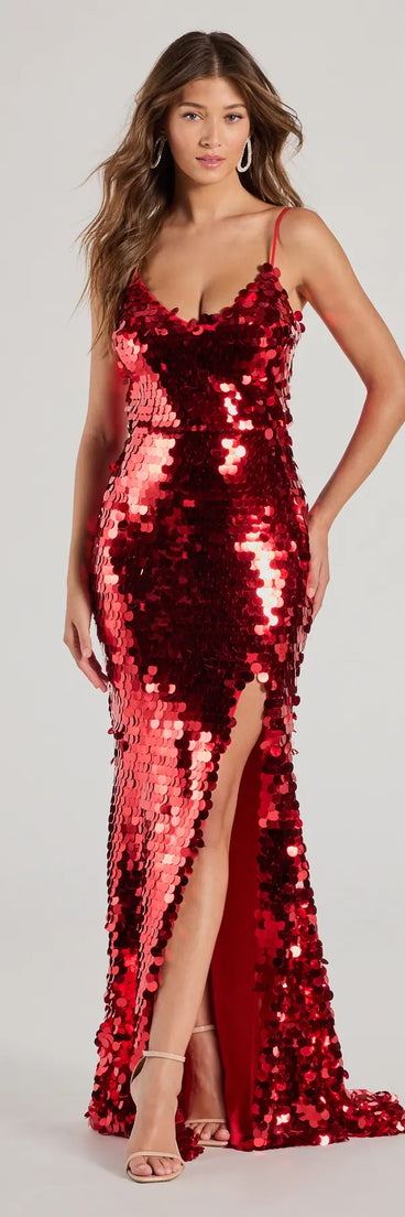 Turn heads at Prom 2025 in this red prom dress, where statement-making details meet the iconic style of the Aurinda Sequin High Slit Bodycon Dress .