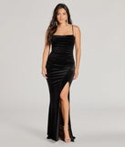 Celebrate in style with the Lizza Cowl Neck Slit Mermaid Velvet Formal Dress, a black formal wedding guest dress featuring an elegant silhouette and luxe details, perfect for a black-tie celebration.