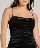 Make a bold statement in the Lizza Cowl Neck Slit Mermaid Velvet Formal Dress in black, the perfect spring dress for weddings, cocktail hours, nights out, and/or seasonal celebrations.