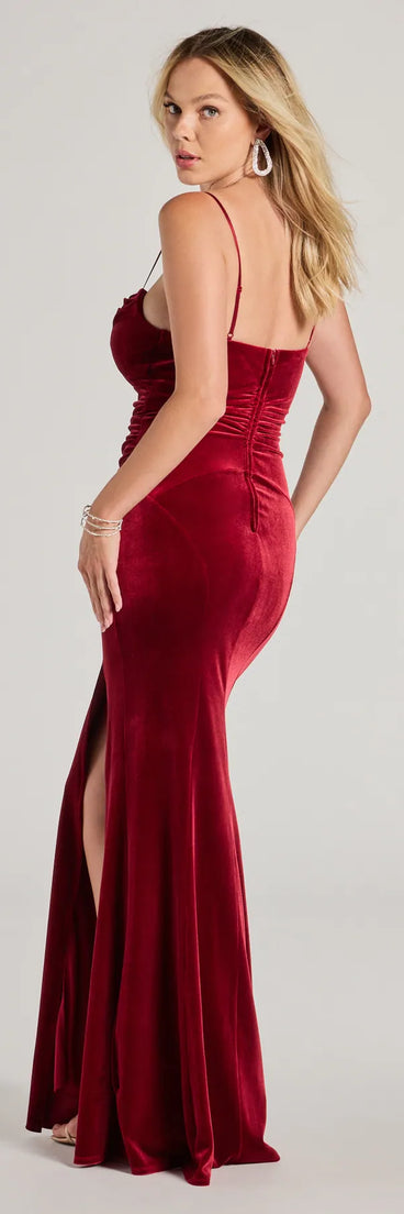 Lizza Cowl Neck Slit Mermaid Velvet Formal Dress in red, a stylish red dress with a flattering fit and fabric that adds allure to your look, perfect for wedding guest attire, cocktail events, or making a bold statement on a date night.