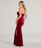 Lizza Cowl Neck Slit Mermaid Velvet Formal Dress in red, a stylish red dress with a flattering fit and fabric that adds allure to your look, perfect for wedding guest attire, cocktail events, or making a bold statement on a date night.