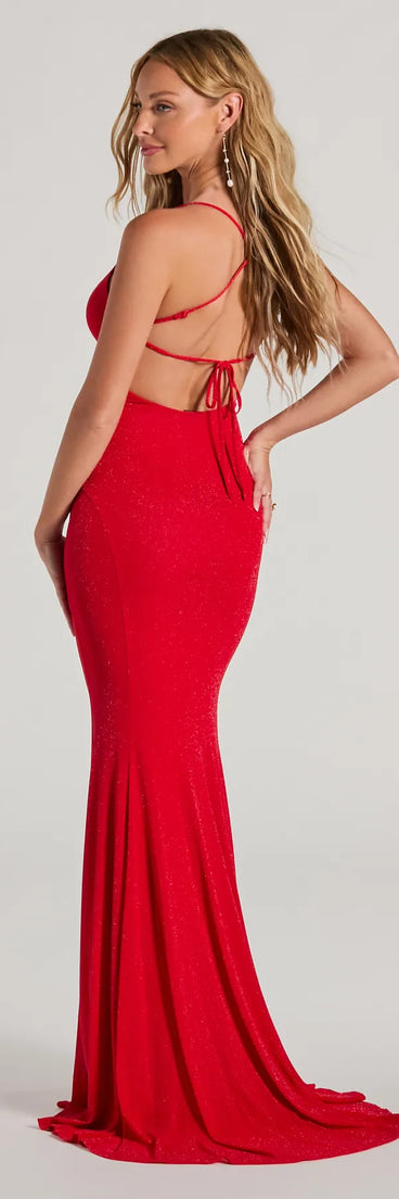 Ariyah Lace-Up Mermaid Glitter Mesh Formal Dress in red, a stylish red dress with a flattering fit and fabric that adds allure to your look, perfect for wedding guest attire, cocktail events, or making a bold statement on a date night.