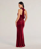 Make a statement in the Nara Long Velvet Halter Mermaid Dress in wine, a bold red prom dress designed to exude confidence, elegance, and a striking prom-night look.