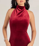 Step into Prom 2025 in a wine prom dress, where unique Windsor accents and the standout Nara Long Velvet Halter Mermaid Dress style come together.