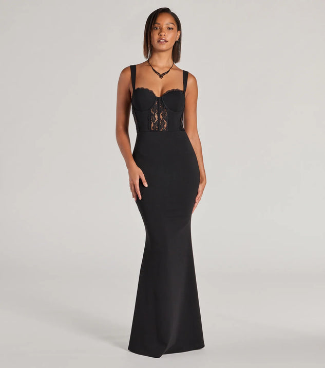 Turn heads at Prom 2025 in this black prom dress, where statement-making details meet the iconic style of the Aspen Sweetheart Lace Crepe Mermaid Formal Dress .