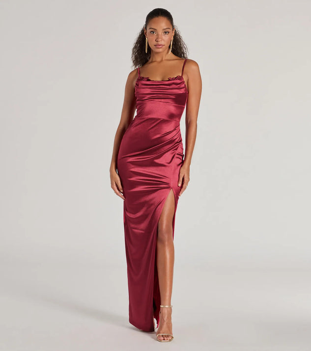 Turn heads at Prom 2025 in this wine prom dress, where statement-making details meet the iconic style of the Amelia Formal Satin Embroidered Dress .