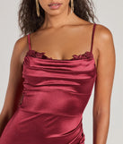 Make a bold statement in the Amelia Formal Satin Embroidered Dress in wine, the perfect spring dress for weddings, cocktail hours, nights out, and/or seasonal celebrations.