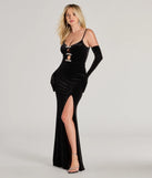 Turn heads at Prom 2025 in this black prom dress, where statement-making details meet the iconic style of the Tina Rhinestone Bow Velvet Formal Dress With Gloves .