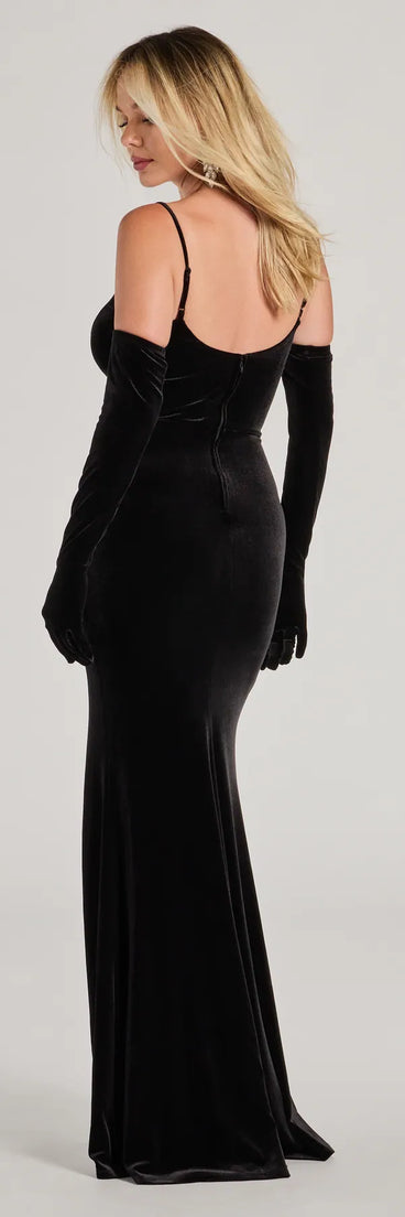 Celebrate in style with the Tina Rhinestone Bow Velvet Formal Dress With Gloves, a black formal wedding guest dress featuring an elegant silhouette and luxe details, perfect for a black-tie celebration.