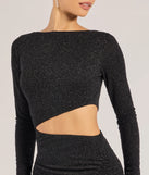 Make a bold statement in the Brynn Long Sleeve Glitter Cutout Mermaid Dress in black, the perfect spring dress for weddings, cocktail hours, nights out, and/or seasonal celebrations.