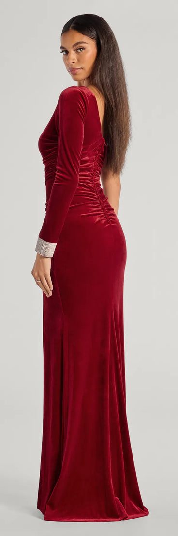 Step into Prom 2025 in a wine prom dress, where unique Windsor accents and the standout Lyra Velvet One-Shoulder Rhinestone Cuff Mermaid Dress style come together.
