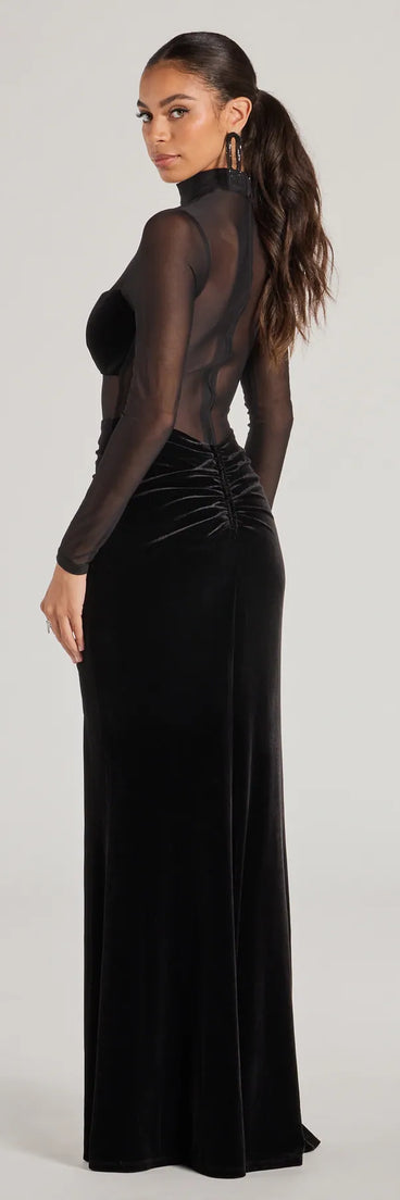 The Seraphina Velvet And Mesh Long Sleeve Mermaid Dress is a show-stopping black prom dress, offering a sleek, slimming silhouette that enhances your natural beauty for an unforgettable night.