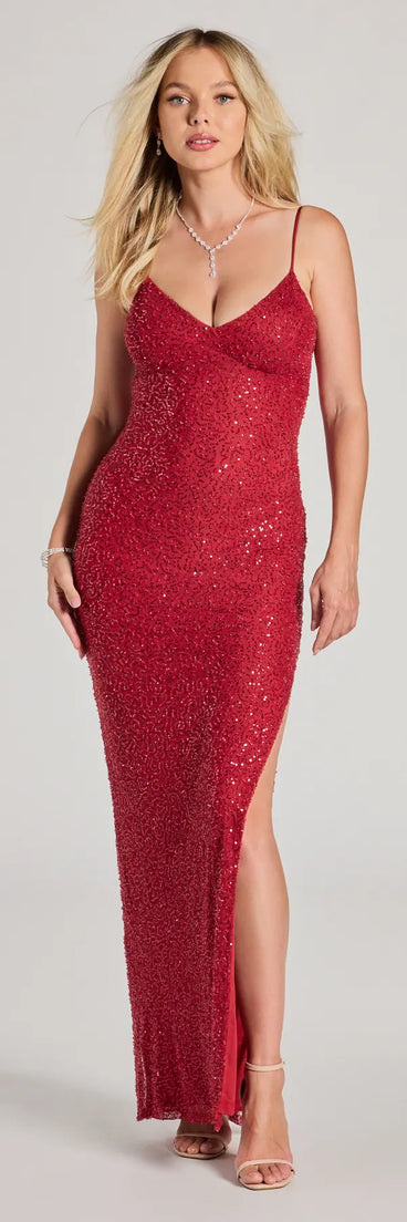 Steal the spotlight in the Arielle Sequin Beaded Mesh High Slit Formal Dress in red, a fiery pick from the red homecoming dresses collection designed for bold entrances.