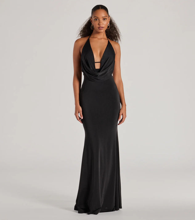 Celebrate in style with the Katherine Halter Open Back Mermaid Formal Dress, a black formal wedding guest dress featuring an elegant silhouette and luxe details, perfect for a black-tie celebration.