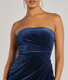 Step into Prom 2025 in a navy blue prom dress, where unique Windsor accents and the standout Cordelia Velvet Glitter Long Wrap Dress style come together.
