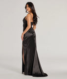 The elegant Jordyn Formal Satin Mermaid Dress With Train is a black satin bridesmaid dress crafted with luxe fabric, ideal for modern weddings and traditional bridal parties.