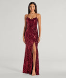 Turn heads at Prom 2025 in this red prom dress, where statement-making details meet the iconic style of the Meara Sequin Velvet Hight Slit Column Dress .