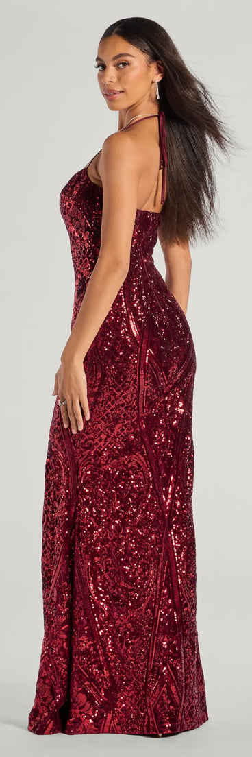 Step into Prom 2025 in a red prom dress, where unique Windsor accents and the standout Meara Sequin Velvet Hight Slit Column Dress style come together.