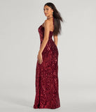 Step into Prom 2025 in a red prom dress, where unique Windsor accents and the standout Meara Sequin Velvet Hight Slit Column Dress style come together.