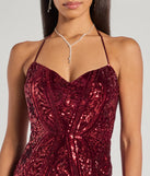 Step into Prom 2025 in a red prom dress, where unique Windsor accents and the standout Meara Sequin Velvet Hight Slit Column Dress style come together.