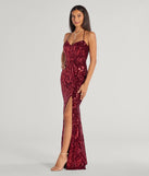 Step into Prom 2025 in a red prom dress, where unique Windsor accents and the standout Meara Sequin Velvet Hight Slit Column Dress style come together.