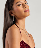Step into Prom 2025 in a red prom dress, where unique Windsor accents and the standout Meara Sequin Velvet Hight Slit Column Dress style come together.
