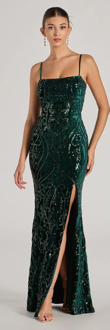 Lilia Sequin Velvet High Slit Column Dress | Windsor Lilia Sequin Velvet High Slit Column Dress | Windsor