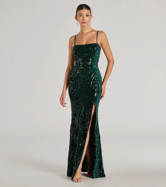 Turn heads at Prom 2025 in this hunter green prom dress, where statement-making details meet the iconic style of the Lilia Sequin Velvet High Slit Column Dress .