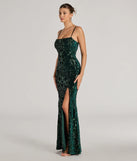 Step into Prom 2025 in a hunter green prom dress, where unique Windsor accents and the standout Lilia Sequin Velvet High Slit Column Dress style come together.