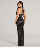 Celebrate in style with the Candance Halter Pleated Wrap Slim Satin Formal Dress, a black formal wedding guest dress featuring an elegant silhouette and luxe details, perfect for a black-tie celebration.