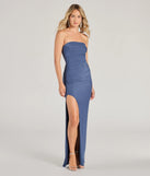 Turn heads at Prom 2025 in this denim prom dress, where statement-making details meet the iconic style of the Kenzie Strapless Slit Slim Mesh Formal Dress .