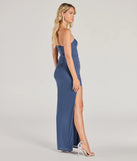 Step into the Prom 2025 dance in the Kenzie Strapless Slit Slim Mesh Formal Dress in denim, a stunning blue prom dress designed to complement any theme with its timeless allure and statement-making style.