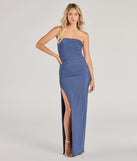 Revamp your 2025 wardrobe with this chic addition, the Kenzie Strapless Slit Slim Mesh Formal Dress in denim blue, perfect for elevating your style in the new year.