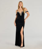 The Torrie Velvet Rhinestone High-Slit Mermaid Dress in luxe black fabric, a stunning prom dress with statement details designed to make a bold impression at Prom 2025.
