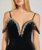 The Torrie Velvet Rhinestone High-Slit Mermaid Dress in luxe black fabric, a stunning prom dress with statement details designed to make a bold impression at Prom 2025.