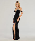 The Torrie Velvet Rhinestone High-Slit Mermaid Dress in luxe black fabric, a stunning prom dress with statement details designed to make a bold impression at Prom 2025.