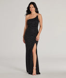 Turn heads at Prom 2025 in this black prom dress, where statement-making details meet the iconic style of the Gracie One-Shoulder Glitter Column Dress .