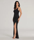Step into Prom 2025 in a black prom dress, where unique Windsor accents and the standout Gracie One-Shoulder Glitter Column Dress style come together.