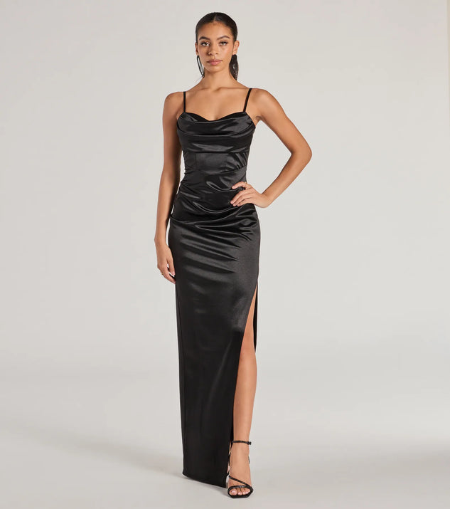 Turn heads at Prom 2025 in this black prom dress, where statement-making details meet the iconic style of the Iliana Cowl Neck High Slit Satin Formal Dress .