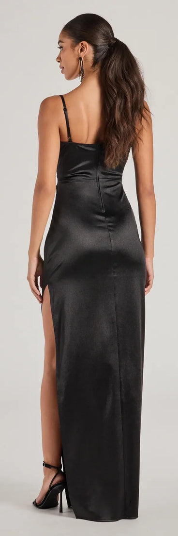 Feel instantly put-together in the Iliana Cowl Neck High Slit Satin Column Dress in black, a fall wedding guest dress designed for confident style and all-out celebration.