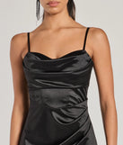 Make a bold statement in the Iliana Cowl Neck High Slit Satin Column Dress in black, the perfect spring dress for weddings, cocktail hours, nights out, and/or seasonal celebrations.