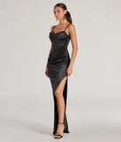 Whether it's the color or silhouette of the Iliana Cowl Neck High Slit Satin Formal Dress, this black bridesmaid dress is a gorgeous pick for a maid-of-honor or to create a bridal party look ready to celebrate!